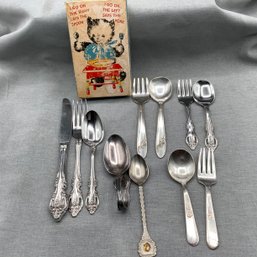 Childrens Silverware Sets, Silver Plate. Vintage Box Lid With Cat To Teach Fork And Spoon Location