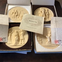 Set Of 4 Ivory Alabaster Plates With Boxes, Signed And Stamped COA From Italy, Opera Theme