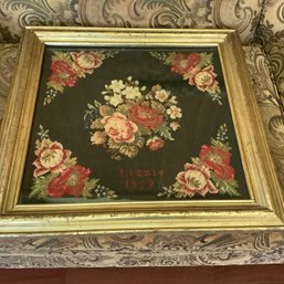Antique Needlepoint From 1859 Framed Behind Glass.