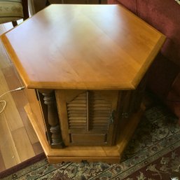 Hexagon End Table With Louvered Doors And Decorative Column Trim