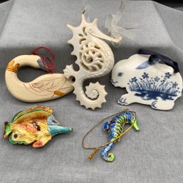 Ornaments: Enameled Fish, Articulated Seahorse, Wooden Hand Painted Goose, Bunny And Seahorse