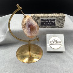 Geode On Angled Globe Stand, Authentic Piece Of The London Bridge, Marble Rocky River Library Paperweight