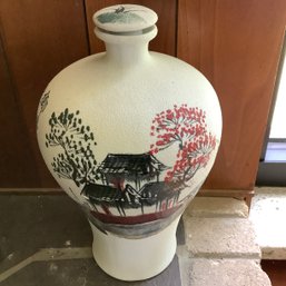 Textured Hand Painted Asian Vase With Smooth Glazed House On Side