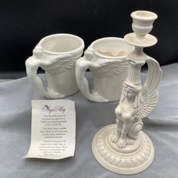 1977 Fitz And Floyd Egyptian Revival Sphinx Candlestick, Pair Of Artisan Angel Mugs, Signed McConnell