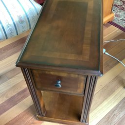 End Table With Pull Out Drawer With Retractable Writing Shelf, Ribboned Posts And Flush Bottom Shelf