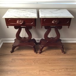 Pair Of Marble Top Mahogany Lyre Tables With Rose Handled Drawers