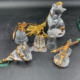 Crystal And Gold Trim Miniatures. Violin, Cat, Christmas Tree, Bell, Ballerina Hoes