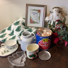 Christmas Lot, Old Ornaments, Soft Throw Blanket, Jug, Tea And Biscuit