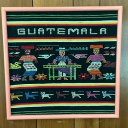 Guatemala Needlework Framed Art, Black Base With Bright Colors, Pink Frame