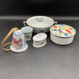 Lladro Porcelain Bell, Spode Toothpick Cup & Dish, Royal Doulton Snowman Trinket Dish, Mikasa Trinket Dish