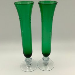 Pair Of Etched Green Thin Vases With Clear Glass Bottom