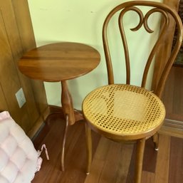 Handcrafted Signed And Dated Small Round Table And Romania Made Cane Seat Chair With Sweetheart Back