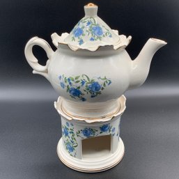 Vintage Blue Floral Porcelain Tea Pot With Warmer