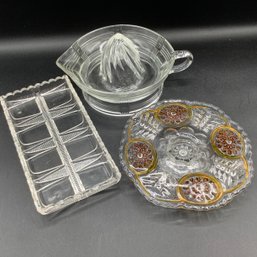 Mid Century Glass Juicer, Rare MCM Appetizer Dish, US Glass Cromwell Knobby Bull's Eye Dish