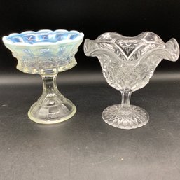 2 Compotes, One Opalescent Glass, One Ruffled