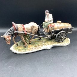 Large European Porcelain Of Peddler On Horse Drawn Whiskey Barrel