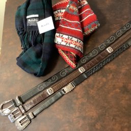 3 Belts- 2 Brighton-Sz M, One Oil Leather W/ Metal Hearts, 2 Scarves, One Lambswool By Mackintosh Of Scotland