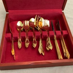 Gold Toned Silverware Set With Case
