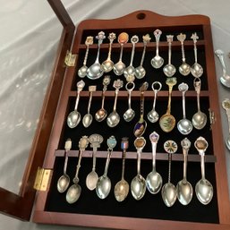 Wooden Display Case With 43 Travel Souvenir Spoons, Silver Plated, Europe, US And More.