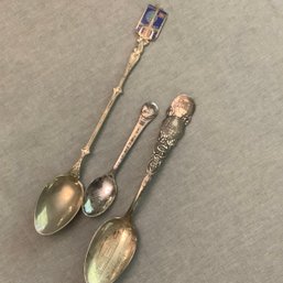 3 Souvenir Sterling Silver Spoons From The Worlds Fairs, 1964 NY, 1962 Seattle And 1892 Chicago.