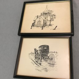 2 Pen And Ink Signed Drawings With Simple Black Frames, 1979, Signed By Donna Ross Miller
