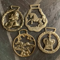 Set Of 4 Brass Horse Bridle Medallions, Horses, Shakespeare, Crown