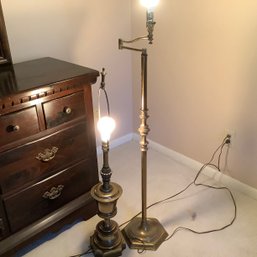 Pair Of Heavy Solid Brass Mid Century Siffel Lamps, One Table Lamp With Shade And One Adjustable Arm Floor