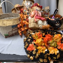 Fall Harvest Decor, Hand Painted Basket, Halloween Wreath, Scarecrows , Cat Bowl
