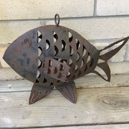 Large Metal Fish Art Has Metal Hangar And Opening To Put A Candle Inside