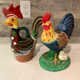 Hand Painted Terracotta Chicken And Ceramic Rooster With Baby Chick Candle Holder