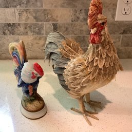 2 Roosters, Ceramic And Lightweight Wood, Complete Farmhouse Look