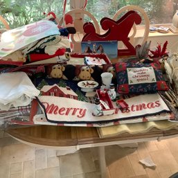 Christmas Lot, License Plate With Bird, Wooden Sled, Pillows, Flag And Towels