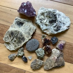 Rocks And Minerals-  Large Mica (muscovite Mica, Pyrite, Smokey Quartz, Amethyst, Obsidian, Scoria