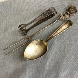 Sterling Silver Spoon, Pat 1909, Rose Appetizer Fork 835 German Silver, Webster Silver Olive Fork