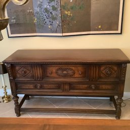 Antique Robert Keith Designed Jacobean Buffet With Great Carved Details, Labeled.