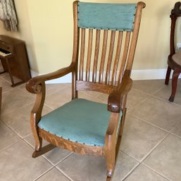 Antique Tiger Oak Edwardian Era Upholstered Scroll Rocking Chair