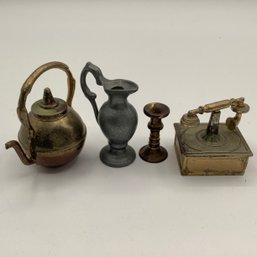 Miniature Pewter Water Pitcher, Brass Telephone, Candlestick & Coffee Pot Made In England