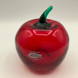 Blenko Handblown Handmade Art Glass Apple  Paperweight, Red With Green Stem