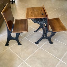 Antique School Desks And Chair Set, Iron Labeled New Victor. 2 Pieces And Foldable