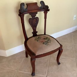 Antique Victorian Needlepoint Chair With Carved Portrait On Back Rest, Highly Detailed And Very Unique