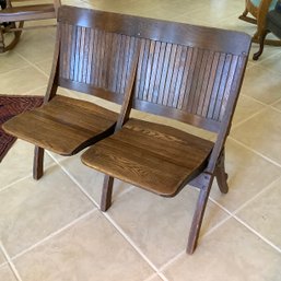 Antique Folding Double Chair Set Or Stadium Seat, Oak. Wonderful Condition.