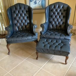 Vintage Pair Of Tufted Wingback Chairs With Matching Ottoman, Slate Blue Color.