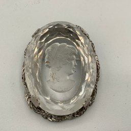 Etched Glass Cameo Brooch With Silver Toned Rope Border