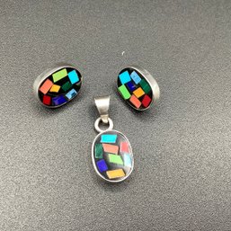 Enameled Sterling Silver Earrings & Matching Pendant