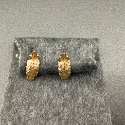 14K Gold Diamond Cut Earrings, Hanging Leaf Design