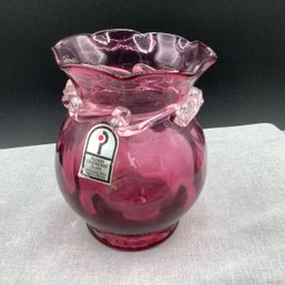 Vintage Pilgrim Cranberry Glass Vase, Full Label - Handmade With Gold In USA