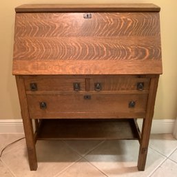 Antique Oak Slant Top Desk With 2 Drawers And Storage Cubbies, Original Hardware