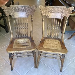 Antique Solid Oak Cane Chairs ( Set Of 2 ), Heavily Carved, Lion Detail