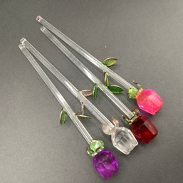 4 Glass Roses With Clear Stems And Gold Trim