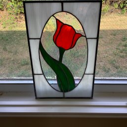 Stained Glass Red Rose With Iridescent Mid Center Glass